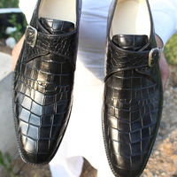 Black Crocodile Texture Leather Single Monk Strap Alligator Dress Shoes - Thumbnail 3