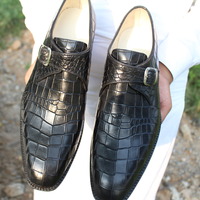 Black Crocodile Texture Leather Single Monk Strap Alligator Dress Shoes - Thumbnail 4