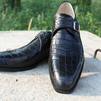 Black Crocodile Texture Leather Single Monk Strap Alligator Dress Shoes - Thumbnail 5