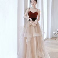Burgundy Velvet and Champagne Tulle Long Prom Dress - Thumbnail 2