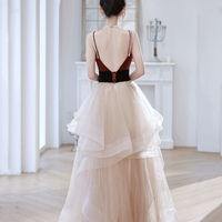 Burgundy Velvet and Champagne Tulle Long Prom Dress - Thumbnail 3