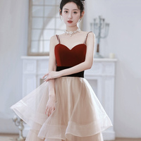 Burgundy Velvet and Champagne Tulle Long Prom Dress - Thumbnail 1