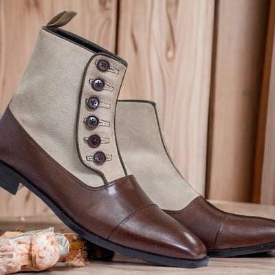 Men's hand stitched button top two tone color leather suede cap toe classic boots - Thumbnail 1