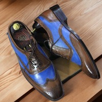 New Stylish Wing Tip Brogue Toe Lace Up Brown Blue Colour Genuine Leather Shoes for Men's - Thumbnail 3