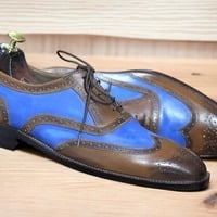 New Stylish Wing Tip Brogue Toe Lace Up Brown Blue Colour Genuine Leather Shoes for Men's - Thumbnail 2