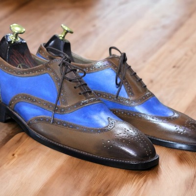 New stylish wing tip brogue toe lace up brown blue colour genuine leather shoes for men's - Thumbnail 1