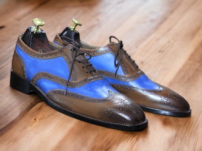 New Stylish Wing Tip Brogue Toe Lace Up Brown Blue Colour Genuine Leather Shoes for Men's