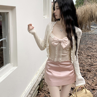 Coquette Sweet Knitted Bowknot Lace Camisole Cardigan Pink Satin Skirt Three Piece Set - Thumbnail 4