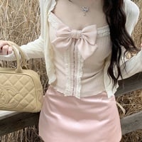 Coquette Sweet Knitted Bowknot Lace Camisole Cardigan Pink Satin Skirt Three Piece Set - Thumbnail 8