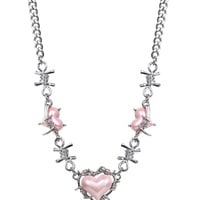 Silver Thorn Chain Jewelry Pink Heart Love Pendant Necklace - Thumbnail 1