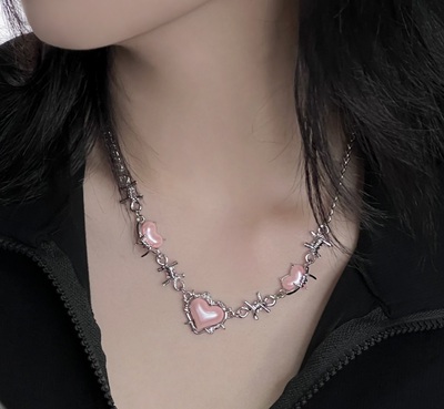 Silver Thorn Chain Jewelry Pink Heart Love Pendant Necklace