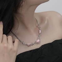 Silver Thorn Chain Jewelry Pink Heart Love Pendant Necklace - Thumbnail 2