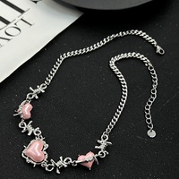 Silver Thorn Chain Jewelry Pink Heart Love Pendant Necklace - Thumbnail 4