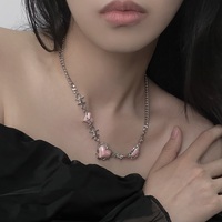 Silver Thorn Chain Jewelry Pink Heart Love Pendant Necklace - Thumbnail 6