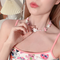 Pink Bow Cute Cat Vintage Pendant Necklace - Thumbnail 1