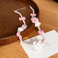 Pink Bow Cute Cat Vintage Pendant Necklace - Thumbnail 2