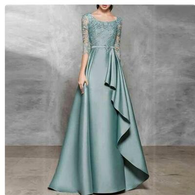 Satin simple mother of the bride/ groom dress 3/4 sleeves a-line wedding guest gowns applique zipper dress women for wedding party