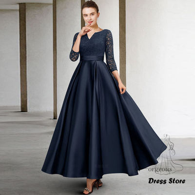 Dark blue mother of the bride/groom dresses v-neck a-line long wedding guest gowns satin elegant dress women for wedding party