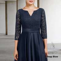 Dark Blue Mother of the Bride/Groom Dresses V-Neck A-Line Long Wedding Guest Gowns Satin Elegant Dress Women For Wedding Party - Thumbnail 2