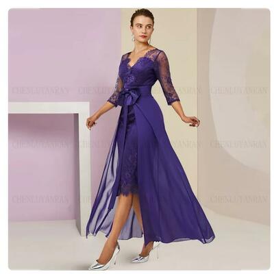 Purple sexy mother of the bride /groom dress detachable train sheath wedding guest gowns knee-length dress women for wedding party
