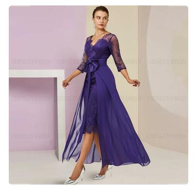 Purple Sexy Mother of the Bride /Groom Dress Detachable Train Sheath Wedding Guest Gowns Knee-Length Dress Women For Wedding Party