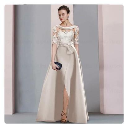 Long mother of the bride/groom dresses o-neck applique satin wedding party gowns backless side split sexy elegant dress for women