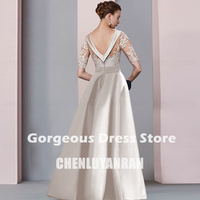 Long Mother of the Bride/Groom Dresses O-Neck Applique Satin Wedding Party Gowns Backless Side Split Sexy Elegant Dress For Women - Thumbnail 1