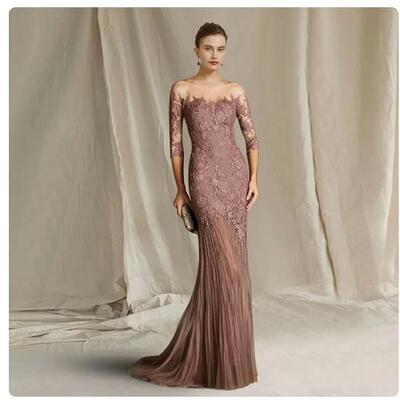 Mermaid mother of the bride /groom dresses  sweep train lace wedding guest gowns 3/4 sleeves elegant dress women for wedding party