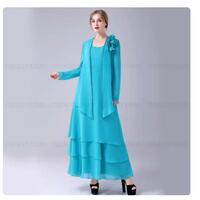Blue Mother of the Bride /Groom Dresses  2 Pieces Chiffon Wedding Dress Gowns Real Picture Long Sleeves Sexy Wedding Party Dress - Thumbnail 1