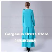 Blue Mother of the Bride /Groom Dresses  2 Pieces Chiffon Wedding Dress Gowns Real Picture Long Sleeves Sexy Wedding Party Dress - Thumbnail 3