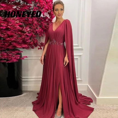Vintage long burgundy beaded v-neck mother of the bride/groom  dresses a-line chiffon tea length side slit wedding guest dress