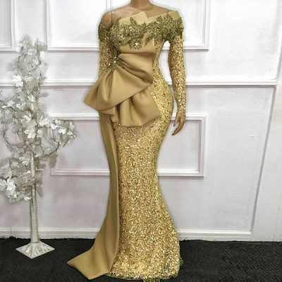 Gold Sequins Mermaid Mother Of Bride /Groom Dresses Full Sleeves Lace Applique Beading Wedding Evening Dress Customized