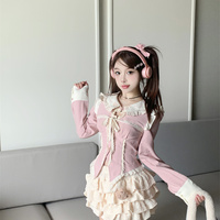 Sweet Coquette Princess Pink Long Sleeve Suit Top & White Skirt Set - Thumbnail 3