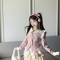 Sweet Coquette Princess Pink Long Sleeve Suit Top & White Skirt Set - Thumbnail 4