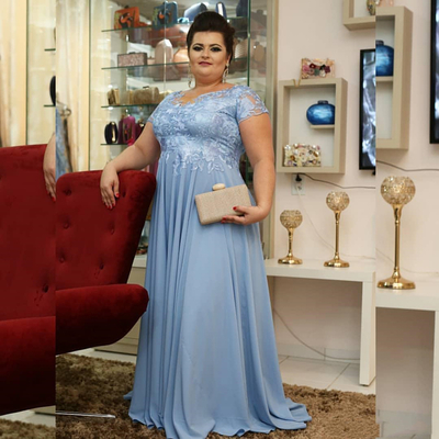 Sky Blue Long Mother of the Bride Dress Plus Size Short Sleeve Formal Occasion Evening Gowns Lace Chiffon Morther Dress of Bride/ Groom