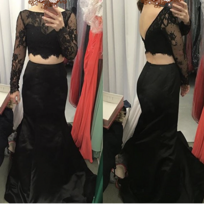 Two piece black prom dresses mermaid with sleeves - Thumbnail 1