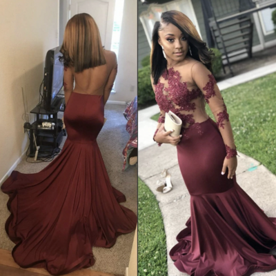 Burgundy prom dresses backless with full sleeves - Thumbnail 1