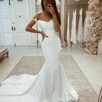 Elegant Mermaid Off the Shoulder White Satin Wedding Dresses with Appliques，1589 - Thumbnail 1