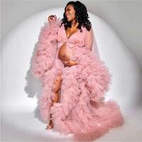 Ruffles Pink Tulle Kimono Women Dress Robe for Photoshoot Extra Puffy Sleeves Prom Gowns African Cape Cloak Maternity Dress Photography，1591 - Thumbnail 1