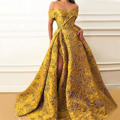 Long evening dresses 2023 elegant cap sleeve high quality v-neck sexy high slit saudi arabia gold formal gown,1471