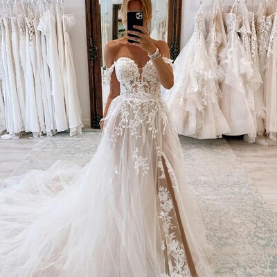 A-line/princess tulle applique off-the-shoulder sleeveless chapel train wedding dresses，1595 - Thumbnail 2