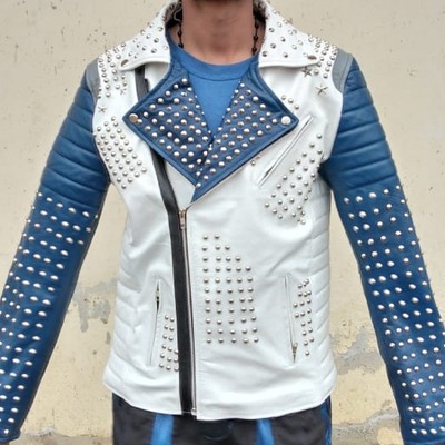 Handmade mens studded fashion white & blue jacket - Thumbnail 4