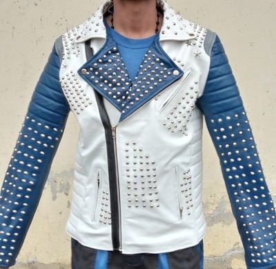 Handmade Mens Studded Fashion White & Blue Jacket