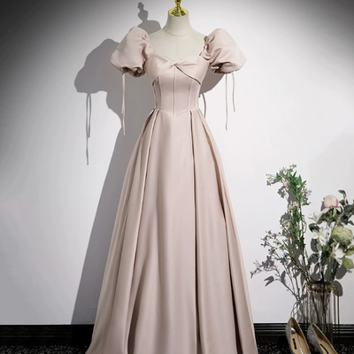 Light pink satin floor length prom dress, off the shoulder evening party dress - Thumbnail 1