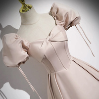 Light Pink Satin Floor Length Prom Dress, Off the Shoulder Evening Party Dress - Thumbnail 1