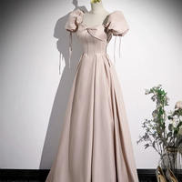 Light Pink Satin Floor Length Prom Dress, Off the Shoulder Evening Party Dress - Thumbnail 3