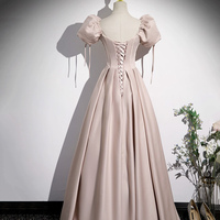 Light Pink Satin Floor Length Prom Dress, Off the Shoulder Evening Party Dress - Thumbnail 4