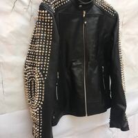 New Men's Punk Silver Studded Black Leather Biker Jacket - Thumbnail 1