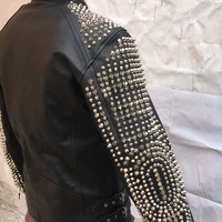 New Men's Punk Silver Studded Black Leather Biker Jacket - Thumbnail 5