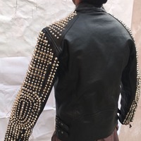 New Men's Punk Silver Studded Black Leather Biker Jacket - Thumbnail 4